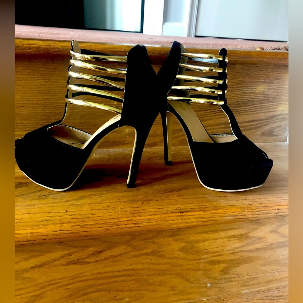 Black and gold velour Stilettos heels.  Never been worn